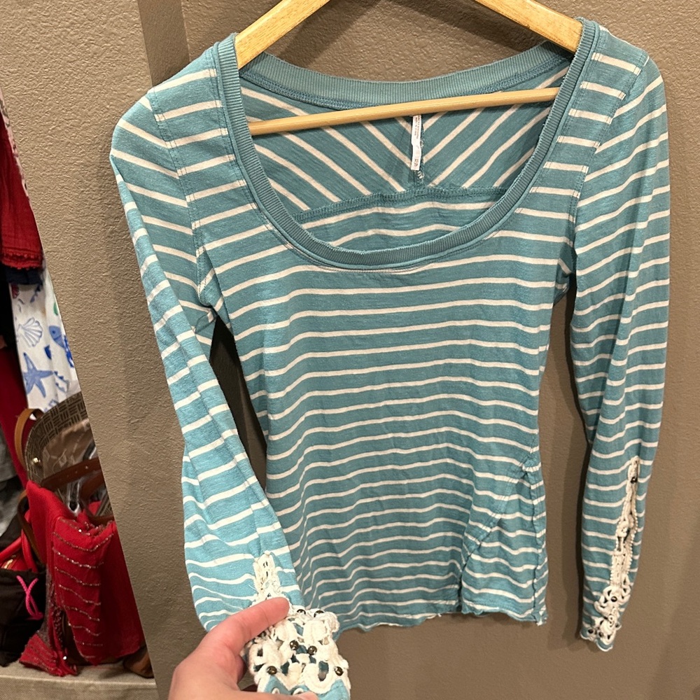 Free People Teal and White Striped Long Sleeve Top